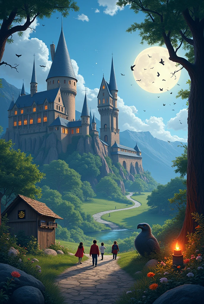 A magical landscape that represents the essence of Harry Potter, animated style or cartoon.