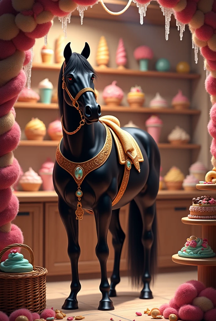 Black purebred horse stable full of sweets and ice cream