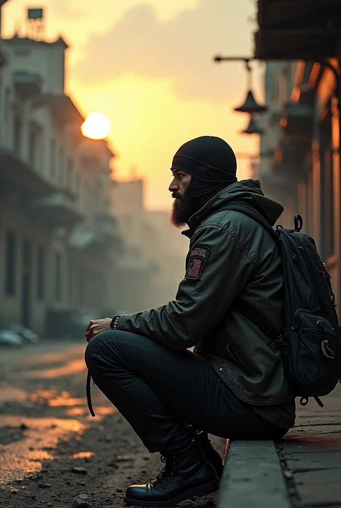 Post-apocalyptic world, city in ruins, dirty and ruined streets, cinematic portrait, epic cinematography, gloomy atmosphere, sunset, a man sitting on the street watching the sky, 40-year-old man, very short beard, determined face, medium size but muscular, bald, with a balaclava hat, jacket with biker hat and backpack, military boots, black military pants, a knife on his waist, somber atmosphere, side camera, epic and dusty atmosphere