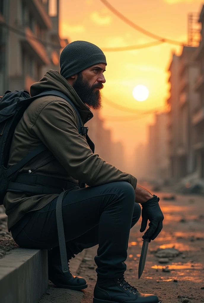 Post-apocalyptic world, city in ruins, dirty and ruined streets, cinematic portrait, epic cinematography, gloomy atmosphere, sunset, a man sitting on the street watching the sky, 40-year-old man, very short beard, determined face, medium size but muscular, bald, with a balaclava hat, jacket with biker hat and backpack, military boots, black military pants, a knife on his waist, somber atmosphere, side camera, epic and dusty atmosphere