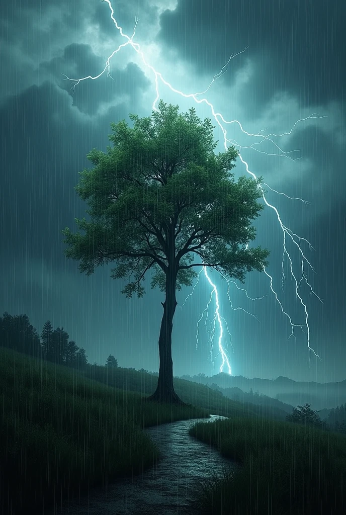heavy rain with thunderstorm and winds with green tree