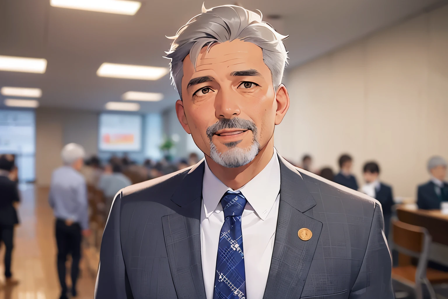 smile, open mouth, dutch angle, masterpiece、high quality、(A 50-year-old man with short grey hair and brown eyes:1.5)、Wearing a grey suit、 The background is the conference room、Alone、Are standing