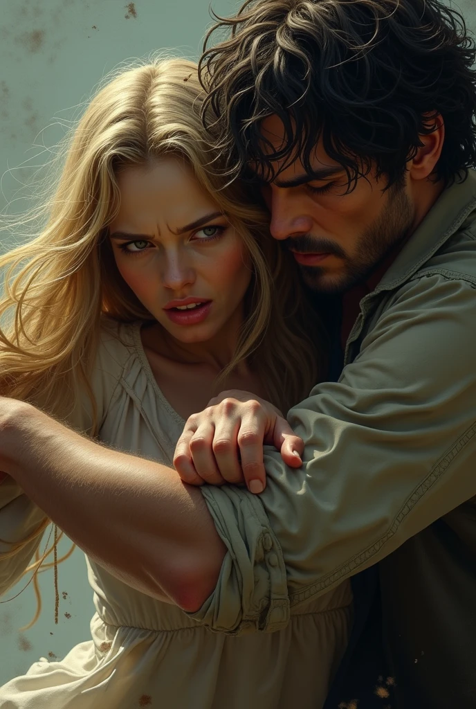 A girl with beautiful blond hair who is trying to escape. Next to her stands a man with black flaffy hair who doesn&#39;t want her to run away and holds her wrist very tightly.. The girl is trying to get away.  The girl is directed towards him with her fingers. He&#39;s trying to overpower her