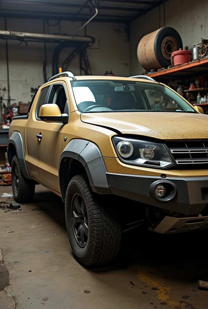 2015 Tiguan pickup truck in a mechanic's shop, burnt on the side of the gas tank