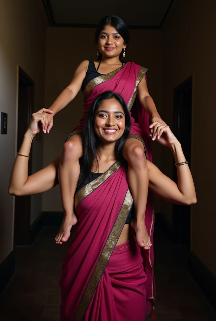 Beautiful and Slim Indian woman in a dark pink silk saree lifting piggyback a large chubby man above her shoulders, man is sitting on woman's shoulders, in a dark room with high ceiling, natural smile, woman is looking into the camera , she is holding his hands, full body image