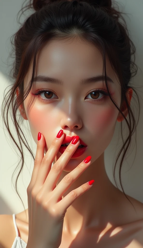 ((best quality)), ((masterpiece)), (detailed), perfect face, covering lips with perfect fingers, red nails