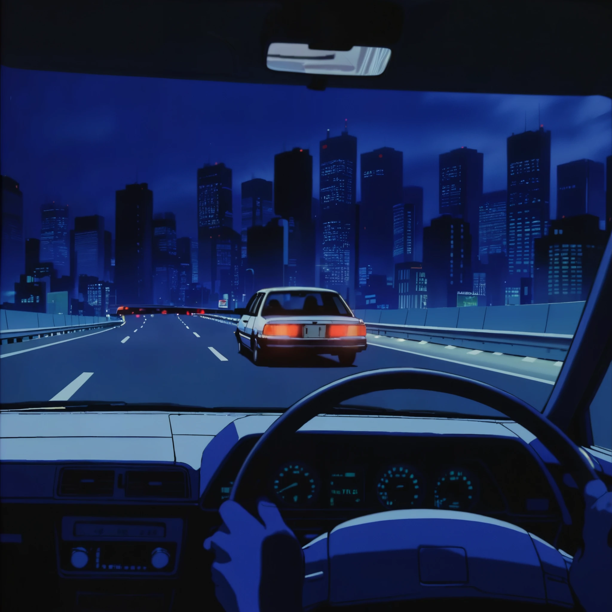 exterior, Sedan driving on an empty highway at night, Shinjuku Megacity Background, 1980's, indigo wcity chiaroscuro atmosphere 
 