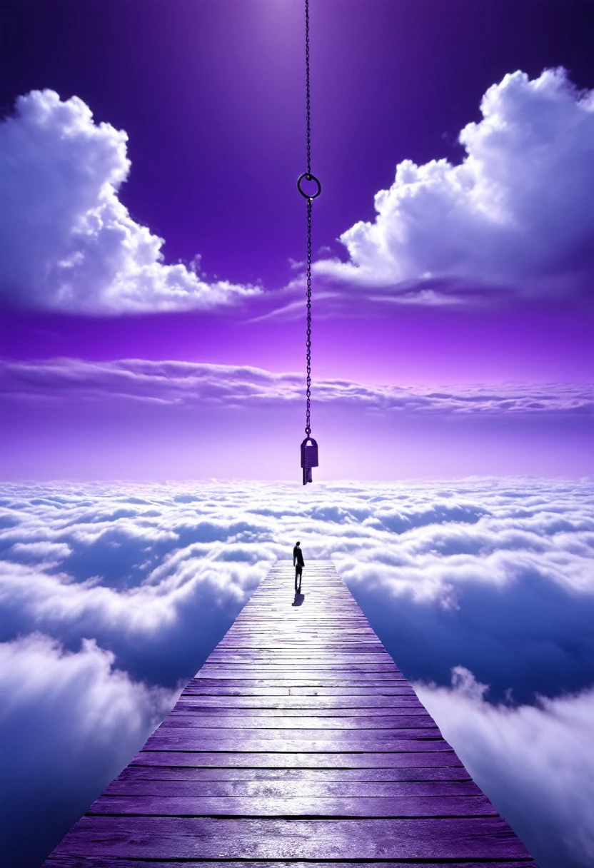 Surreal Scene, Door to another dimension, Hand holding a key, An endless sea of clouds, Purple Sky, The invisible road