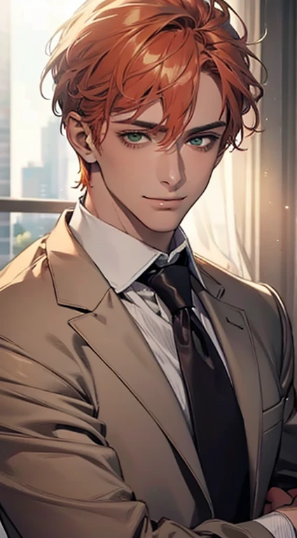 (Highest quality,4K,8K,High resolution,masterpiece:1.2),Super detailed,(Realistic,photoRealistic,photo-Realistic:1.37),1 personld,Mature Men,Beautiful skin、very handsome,Expressionless smile in love,Short gray orange hair,green eyes,Sharp Eyes,A perfect face without a doubt,Businessman, CEO, Office Background,Cinema Lighting,HDR image,tie、