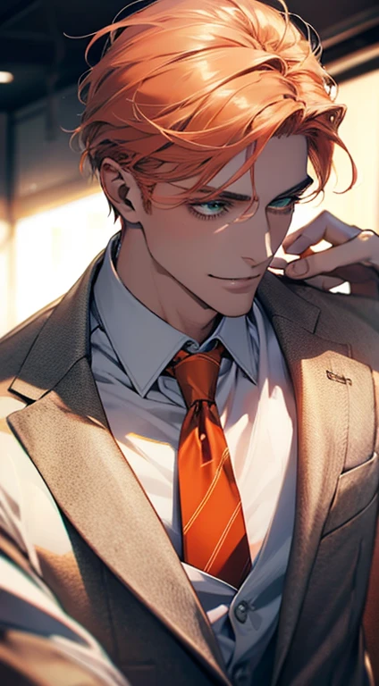 (Highest quality,4K,8K,High resolution,masterpiece:1.2),Super detailed,(Realistic,photoRealistic,photo-Realistic:1.37),1 personld,Mature Men,Beautiful skin、very handsome,Expressionless smile in love,Short gray orange hair,green eyes,Sharp Eyes,A perfect face without a doubt,Businessman, CEO, Office Background,Cinema Lighting,HDR image,tie、