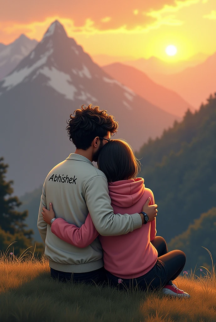A handsome sad boy, and a beautiful sad girl sitting on the mountain hill, boy wearing white jacket, black jeans, Curley hair, wearing watch, and eyeglasses, girl wearing black jeans, pink hoodie, short silky hair, evening sunset, mountain hill in background, evening sunset, written 'Abhishek' in backside of boy jacket, and written 'kashish' in backside of girl hoodie. Boy and girl giving cute hug each other Alphonse Mucha