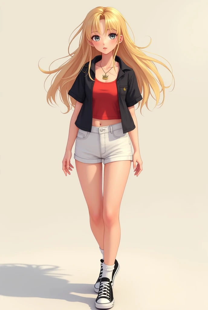 cute girl, blonde hair and gray eyes.
He wears white shorts, a red tank top and a black polo shirt, white ankle socks and black converse.
With a crown pendant necklace