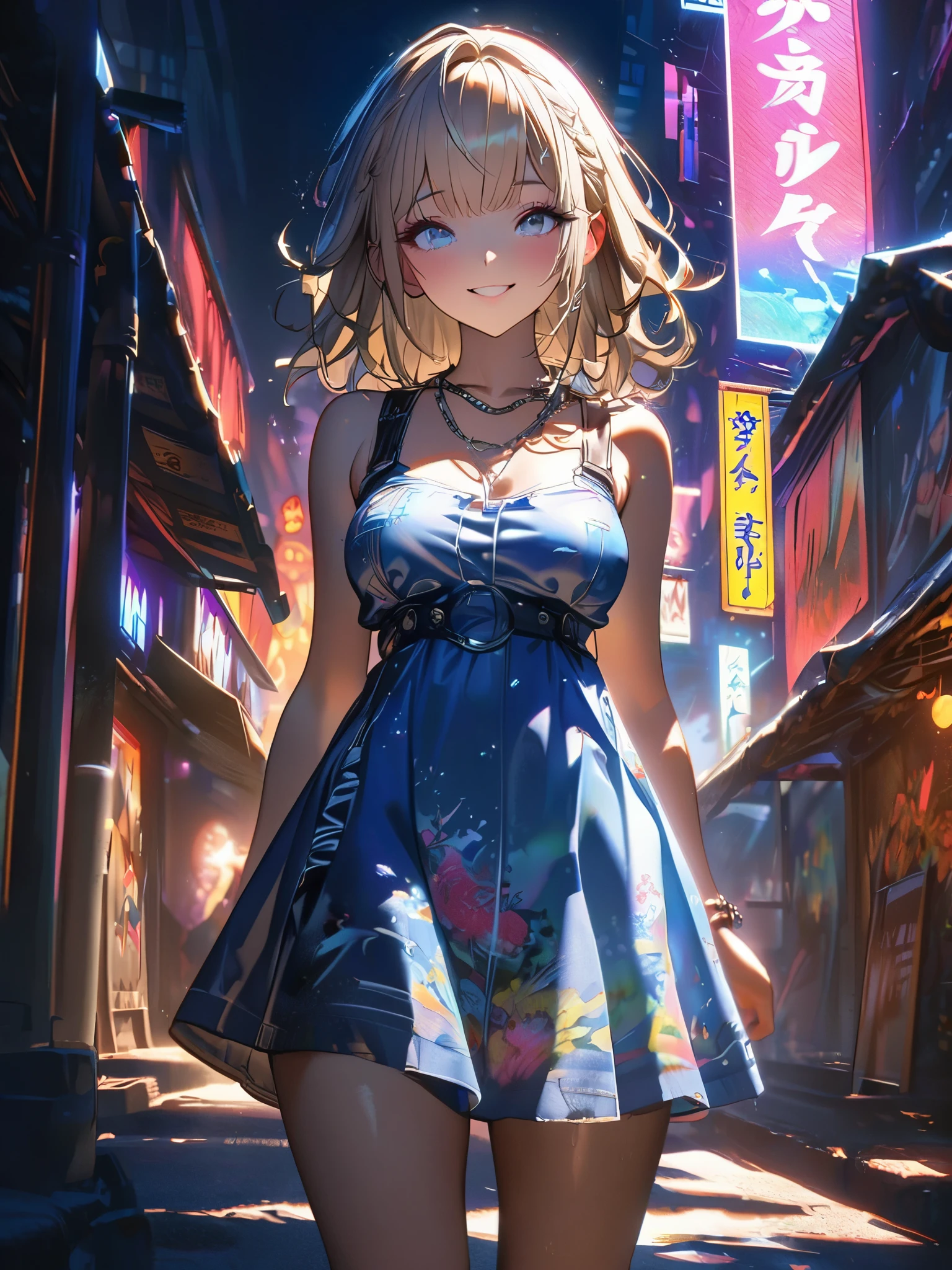 1 girl, chromatic aberration, Written boundary depth, Soft Light, masterpiece, Highest quality, complicated, Tone Mapping, A place where fireworks are set off at festivals. Concept Art, Smooth, Clear focus, Dramatic lighting, Very cinematic, super practical painting, アートステーション's trending, 8k, Incredible Shadows, practical, whole body, View, Viewers, Portrait of a Girl 1, standing on street corner, Heavy rain and lightning、Dark Sky, neon and cyber punk background, she is dressed in punk clothing with silver chains and silver spikes, Her hair was dyed light brown..................Ominous aura of light, smile, punk, ciber punk, Backlight.Fashionable clothes、Friendly dress code: Wearing a blue dress.My breasts are a little big