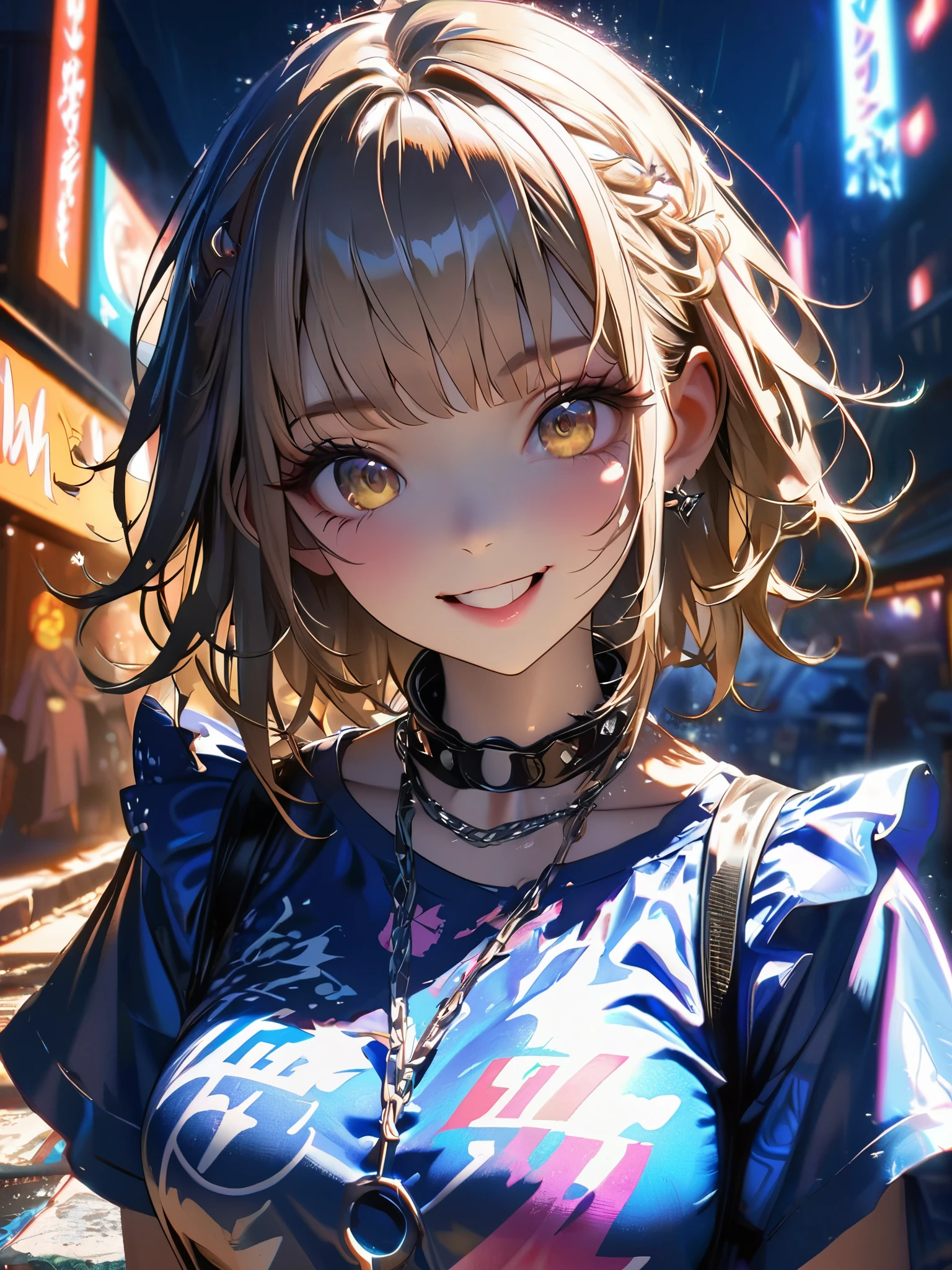 1 girl, chromatic aberration, Written boundary depth, Soft Light, masterpiece, Highest quality, complicated, Tone Mapping, A place where fireworks are set off at festivals. Concept Art, Smooth, Clear focus, Dramatic lighting, Very cinematic, super practical painting, アートステーション's trending, 8k, Incredible Shadows, practical, whole body, View, Viewers, Portrait of a Girl 1, standing on street corner, Heavy rain and lightning、Dark Sky, neon and cyber punk background, she is dressed in punk clothing with silver chains and silver spikes, Her hair was dyed light brown..................Ominous aura of light, smile, punk, ciber punk, Backlight.Fashionable clothes、Friendly dress code: Wearing a blue dress.My breasts are a little big