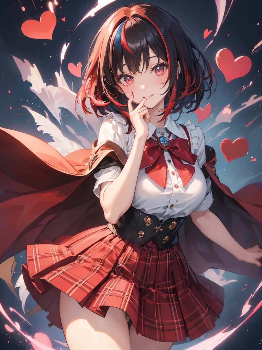 1female, magical school student, black short hair, (highlights hair:1.1),(rich red, one streaked hair:1.3), long bangs, putting on magical cape, brown plaid pattern costume, short length skirt with panier, detailed face, big heart eyes, thin eyebrows, moist lips, kissing lips, smiling full of compassion, close up shot, heart shaped bottle, casting a fluide from the heart shaped bottle, crowdy myst effect, heart effect