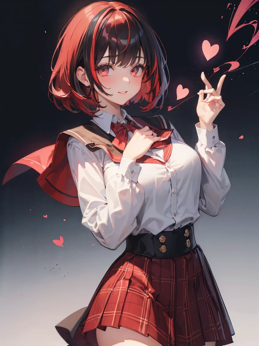 1female, magical school student, black short hair, (highlights hair:1.1),(rich red, one streaked hair:1.3), long bangs, putting on magical cape, brown plaid pattern costume, short length skirt with panier, detailed face, big heart eyes, thin eyebrows, moist lips, kissing lips, smiling full of compassion, close up shot, heart shaped bottle, casting a fluide from the heart shaped bottle, crowdy myst effect, heart effect