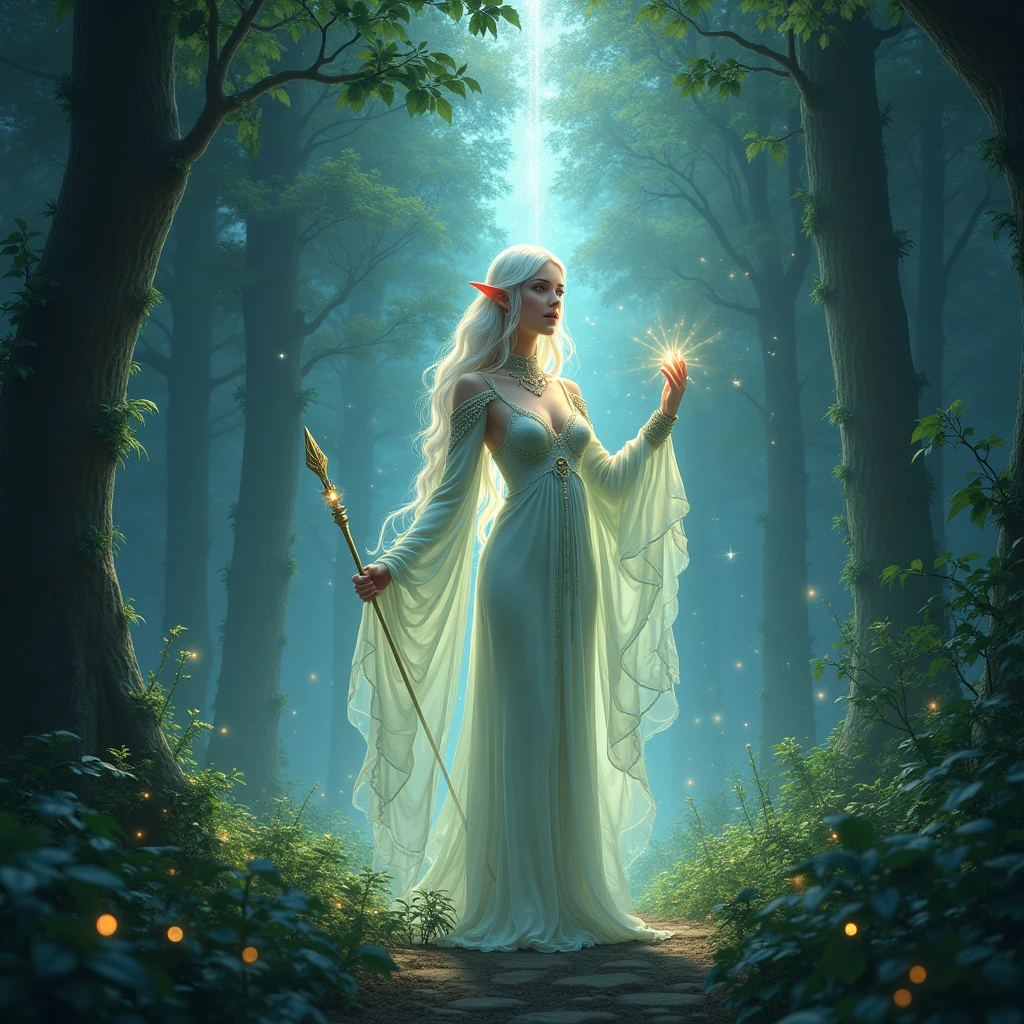 ((Allena the elven high priestess of the elf moon summons the power of the stars to link the earth and sky)). Allena is standing amidst a magical forest, with sparkling fairy lights illuminating the surroundings. The vibrant green leaves of the towering trees create a mesmerizing backdrop. Moonlight filters through the branches, casting ethereal rays of silver light on the elf's ethereal face. She holds a magical staff in her hand, which emits a soft glowing energy, revealing her strong connection with the stars. (She is surrounded in a pillar of silver light that connects the earth and sky), The atmosphere is filled with a sense of serenity and tranquility. The colors in the scene are vibrant and saturated, with a touch of mystical hues, enhancing the magical ambiance. The lighting is soft and gentle, with a warm silver glow, creating a dreamlike and otherworldly atmosphere. The image quality is of the highest standard, with ultra-detailed rendering capturing every intricate detail of the elf's features and the surrounding environment. The overall style of the image is fantasy art, with a blend of realism and a touch of surrealism, capturing the essence of the mystical and enchanting world of elves.