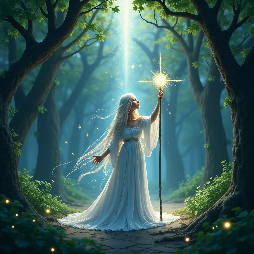 ((Allena the elven high priestess of the elf moon summons the power of the stars to link the earth and sky)). Allena is standing amidst a magical forest, with sparkling fairy lights illuminating the surroundings. The vibrant green leaves of the towering trees create a mesmerizing backdrop. Moonlight filters through the branches, casting ethereal rays of silver light on the elf's ethereal face. She holds a magical staff in her hand, which emits a soft glowing energy, revealing her strong connection with the stars. (She is surrounded in a pillar of silver light that connects the earth and sky), The atmosphere is filled with a sense of serenity and tranquility. The colors in the scene are vibrant and saturated, with a touch of mystical hues, enhancing the magical ambiance. The lighting is soft and gentle, with a warm silver glow, creating a dreamlike and otherworldly atmosphere. The image quality is of the highest standard, with ultra-detailed rendering capturing every intricate detail of the elf's features and the surrounding environment. The overall style of the image is fantasy art, with a blend of realism and a touch of surrealism, capturing the essence of the mystical and enchanting world of elves.