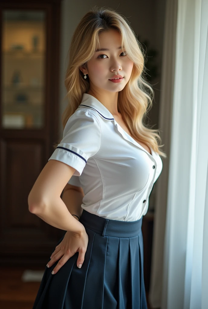 Young and attractive sexy Korean woman, 1, beautiful baby face, (Strip), big bust, bright blonde hair, Long hair, earring(full body)(Schoolgirl)(touching your butt),8k, RAW Photos, Better qualityd, masterpiece, Better quality