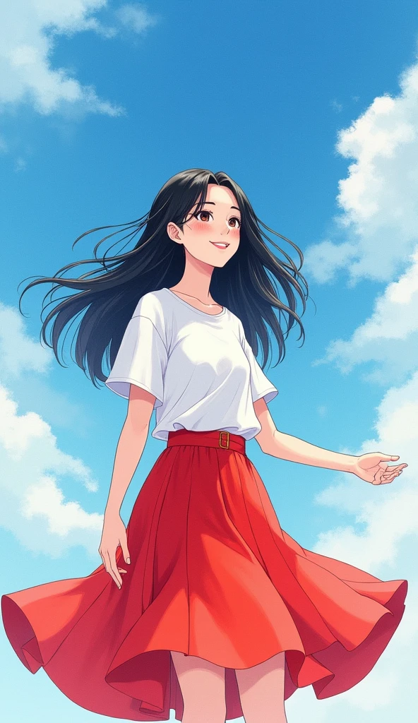 From below, blue sky, dancing in the wind, red flared skirt, plain white T-shirt, watercolor illustration, long black hair, gentle smile, beautiful detailed face