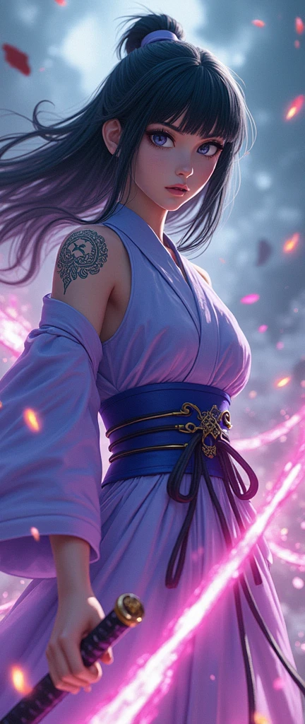 full body view shot, photorealistic, hyper realistic, intricate details, high resolution, high quality, cinematic, depth of field,A powerful and determined Hinata hyuga, Hinata's hair has a straight hime-style hair cut , white colour eyes ,holding glowing katana, stands amidst a chaotic storm of energy and debris. she is wearing lavender colour kimono, that is covered in intricate glowing Japanese Text tattoos and symbols. beautiful lady romantic expression and kindness.