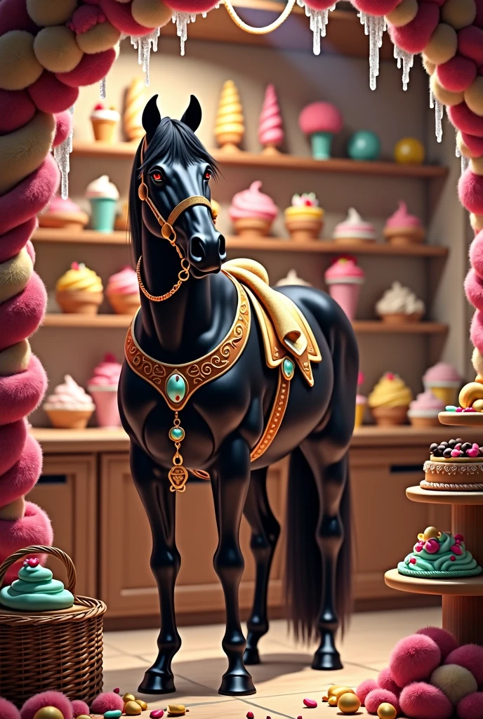 Black purebred horse stable full of sweets and ice cream