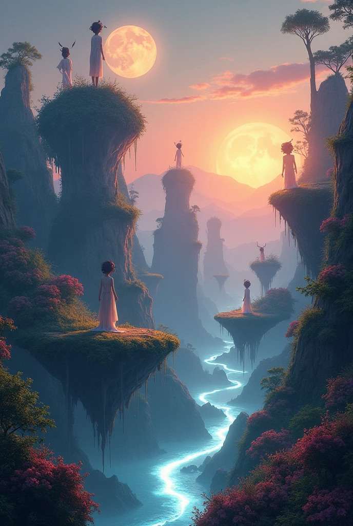 Create a dreamscape where floating islands with lush, impossible flora hover in a sky filled with giant, softly glowing moons. A river of liquid light flows through the air, connecting the islands. The horizon is a blend of dawn and dusk, with colors shifting fluidly. Strange, ethereal creatures move gracefully through the scene, their forms constantly changing, evoking a sense of both wonder and unease.