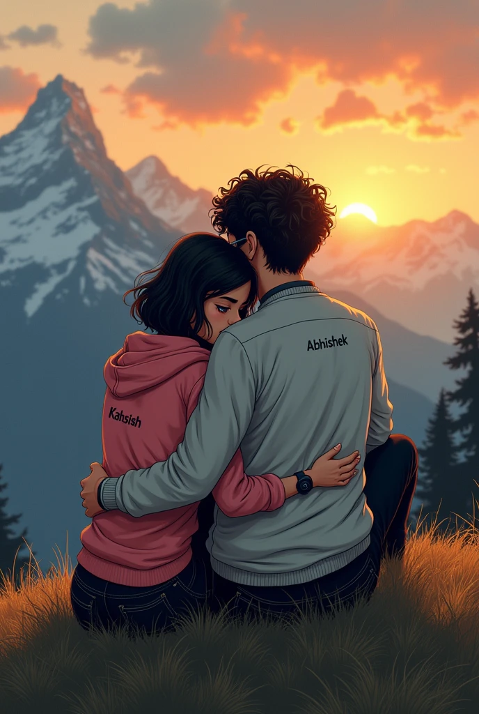 A handsome sad boy, and a beautiful sad girl sitting on the mountain hill, boy wearing white jacket, black jeans, Curley hair, wearing watch, and eyeglasses, girl wearing black jeans, pink hoodie, short silky hair, evening sunset, mountain hill in background, evening sunset, written 'Abhishek' in backside of boy jacket, and written 'kashish' in backside of girl hoodie. Boy and girl giving cute hug each other Alphonse Mucha