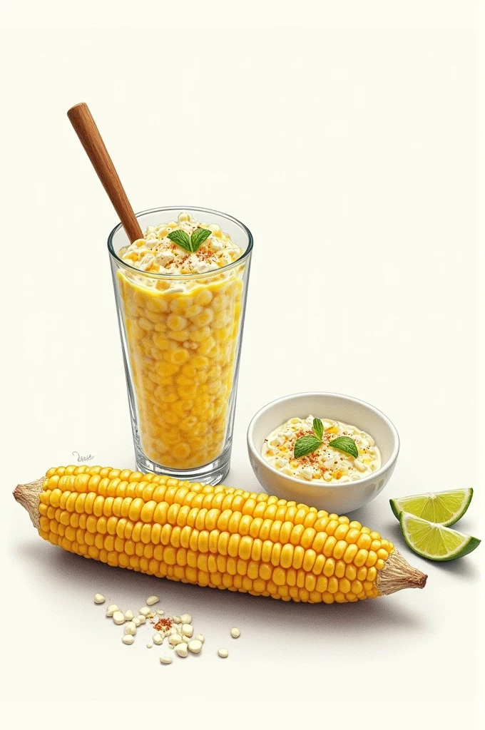 A drawing of a prepared corncob with a glass of prepared esquites 