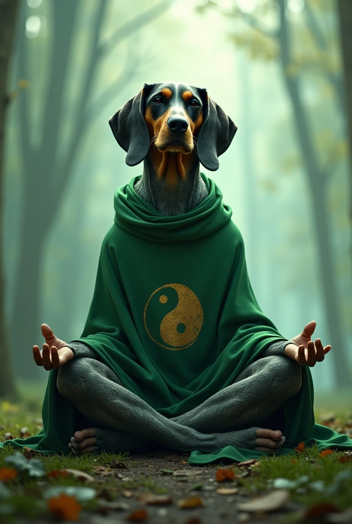 A bluetick coonhound. Wearing a Green cloak with yin-yang symbol. Meditating