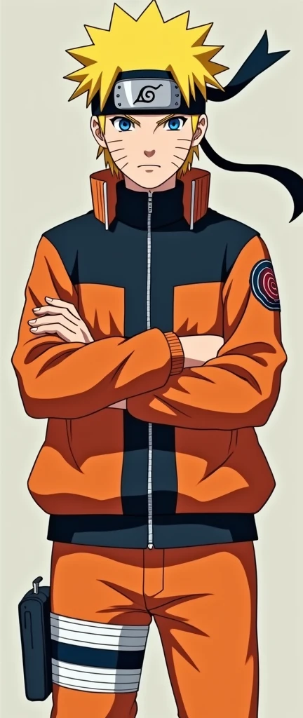 (masterpiece, best quality:1.2), cowboy shot, solo, male focus, 1boy Naruto uzumaki\(Naruto\), expressionless, closed mouth, looking at viewer, crossed arms, Yellow hair, blue eyes, orange jacket, shirt, black pants, sword