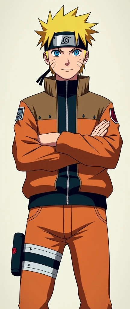 (masterpiece, best quality:1.2), cowboy shot, solo, male focus, 1boy Naruto uzumaki\(Naruto\), expressionless, closed mouth, looking at viewer, crossed arms, Yellow hair, blue eyes, orange jacket, shirt, black pants, sword