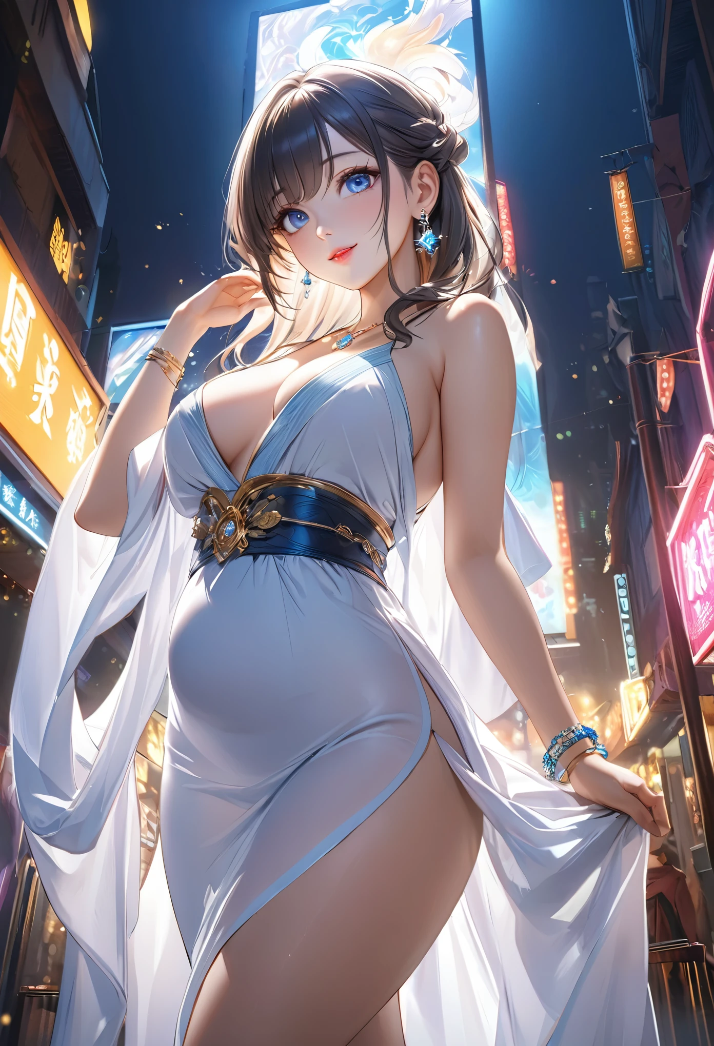 elaborate Hanfu, ((whole body)), ((from below)), ((gufeng,bare shoulders)), clear face, pretty face, 8k, masterpiece, original photo, best quality, detail:1.2,lifelike, detail, Very detailed, CG, Unite, wallpaper, depth of field, movie light, lens flare, Ray tracing, (extremely beautiful face, beautiful lips, beautiful eyes), Complex, detail face, ((ultra detailed skin)), 1 girl, in the darkness, deep shadow, beautiful korean girl, kpop idol,(Very slim figure:1.3), plump breasts, Slender sexy legs, elegant posture, (bright smile), (City night, (neon lights), (night), beautiful korean girl, white diamond earrings, diameter bracelet, Dia Necklace, clear eyes, facing forward, (big eyes)