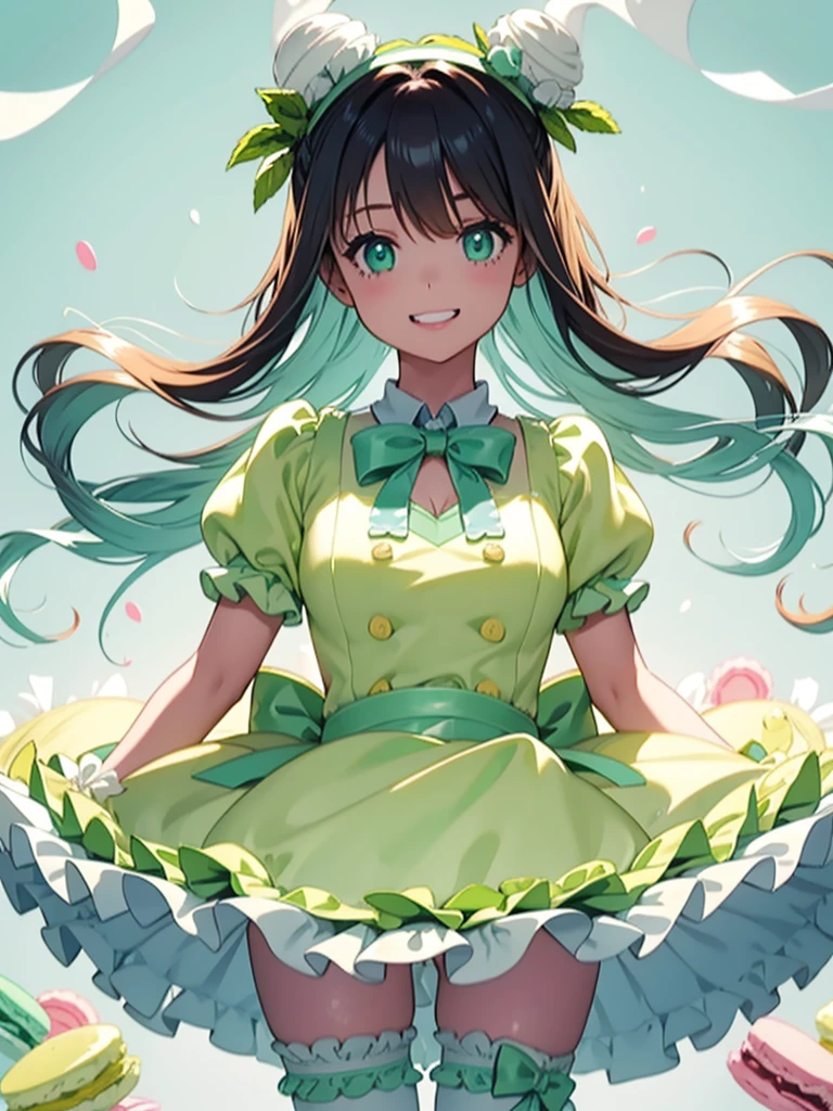Woman, cute, adorable, full body, smiling, straight hair, long hair, black hair, standing, full breasts, Macaron Delight idol costume, featuring motifs of colorful macarons and whipped cream, with a color palette of (pastel yellow:1) and (mint green:0.7), bodice is designed with a fitted shape, covered in pastel yellow fabric that mimics texture of delicate macaron shells, upper bodice has mint green piping and is adorned with small, colorful macaron-shaped buttons down front, costume includes puffed short sleeves in a soft, sheer mint green fabric, giving it a playful and light-hearted feel, skirt is a layered, ball gown silhouette, flared design with alternating tiers of pastel yellow and mint green tulle, resembling whipped cream layers, with small macaron decorations attached at the waistline, A matching mint green headband with a macaron and ribbon detail completes look, fishnet tights, pastel yellow platform loafers, accented with mint green and pastel yellow laces,