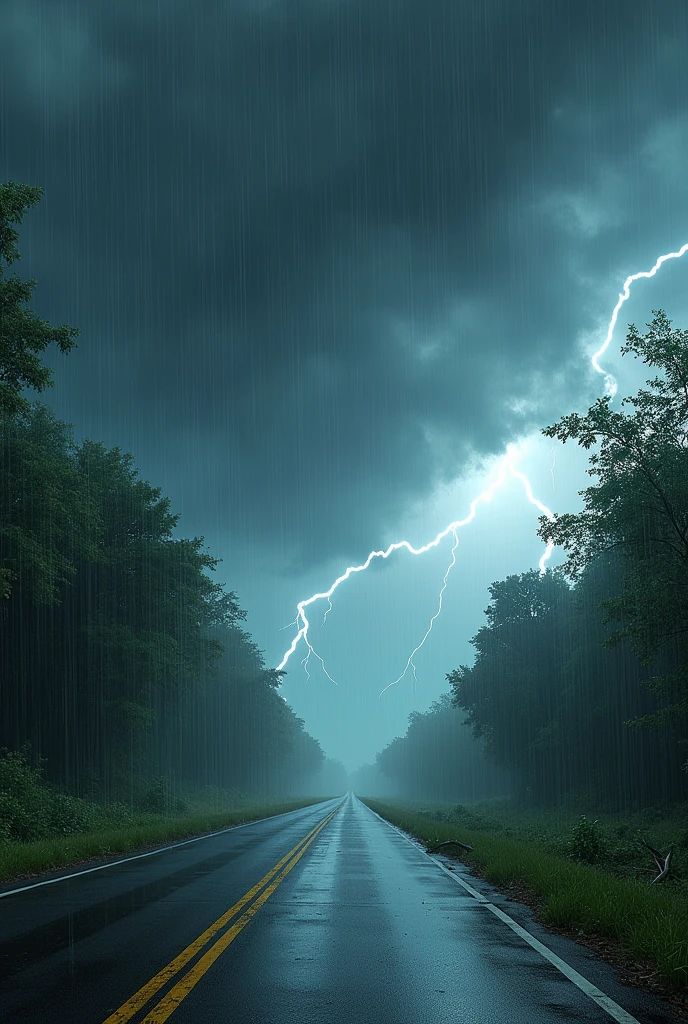 heavy rain with thunderstorm and winds with green trees place highway
