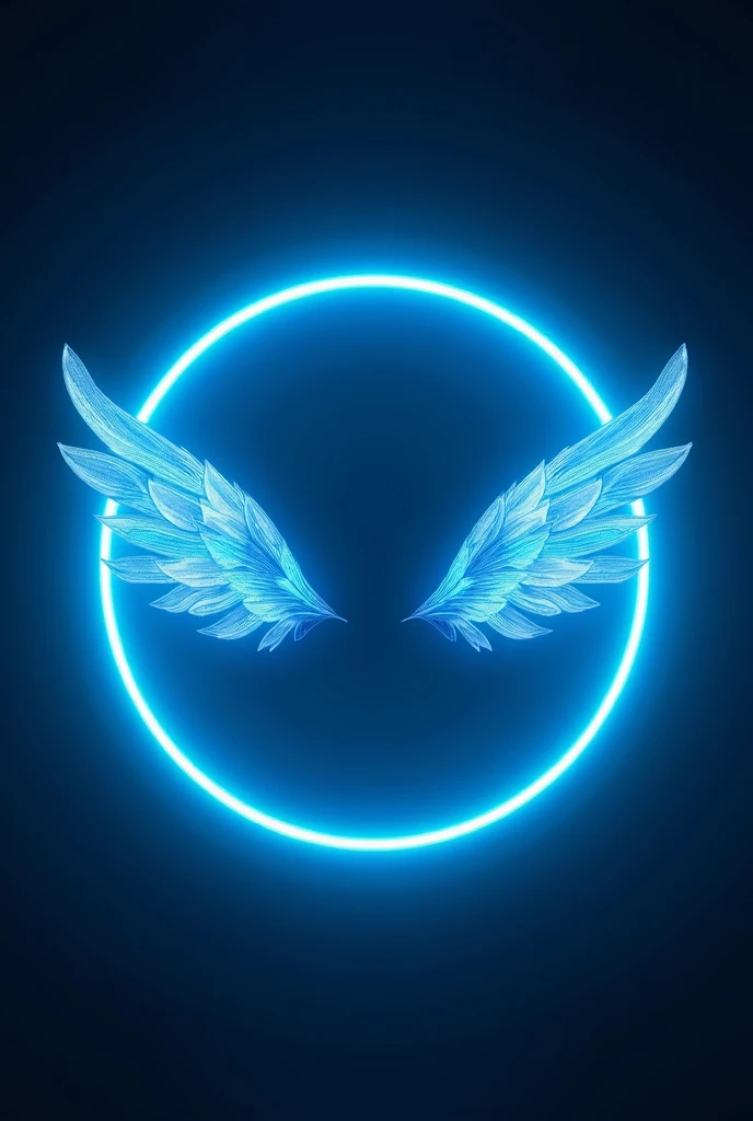 blue neon circle,  that has small wings,  and to add a photo