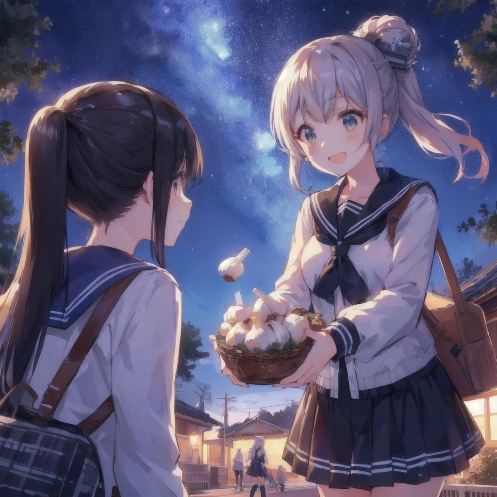 With anime girl holding garlic、Girl with bag, smile, Kantai Collection Style, Smooth anime CG art, konpeki no kantai, Official artwork, Splash art anime , high detailed Official artwork, Kantai Collection, Two beautiful anime girls, 80s anime style, Yoshitomo Nara and Aya Takano, Anime Moe Art Style, Anime Style 4k