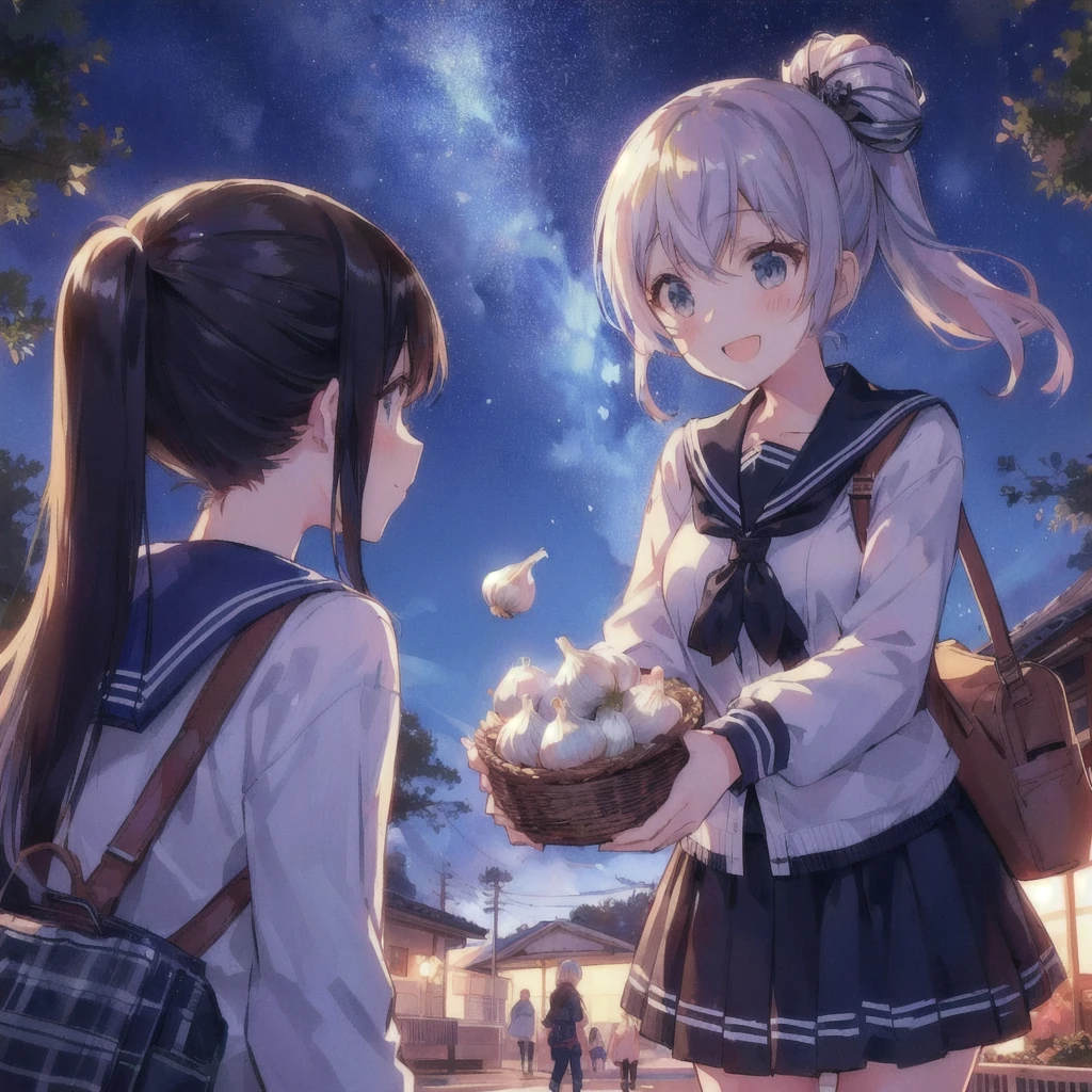 With anime girl holding garlic、Girl with bag, smile, Kantai Collection Style, Smooth anime CG art, konpeki no kantai, Official artwork, Splash art anime , high detailed Official artwork, Kantai Collection, Two beautiful anime girls, 80s anime style, Yoshitomo Nara and Aya Takano, Anime Moe Art Style, Anime Style 4k