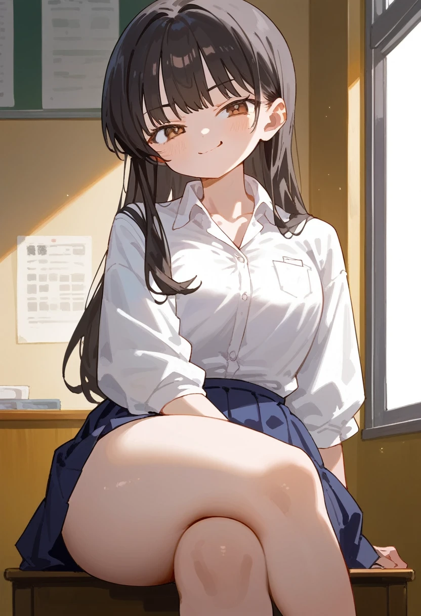 1girl, Yamada_Anna, (masterpiece), school background, best quality, expressive eyes, perfect face, shirt tucked in, blue skirt, collared shirt, pleated skirt, white shirt, school uniform, brown eyes, black hair, long hair, bangs, smug smile, (bare legs, thick thighs, legs crossed)