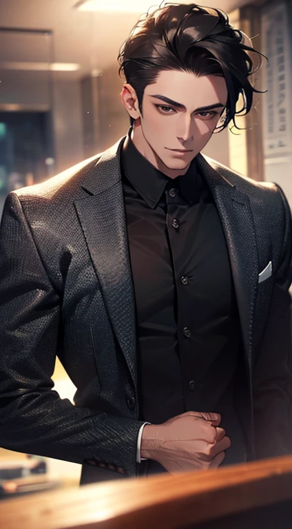 (best quality, masterpiece, 8K, photorealistic, cinematic lighting, 1:4 hdr image, top view, ultra detailed, beautiful image), a mature man, very handsome, short black hair, black eyes, perfect face without errors , ((buttoning his jacket, CEO))