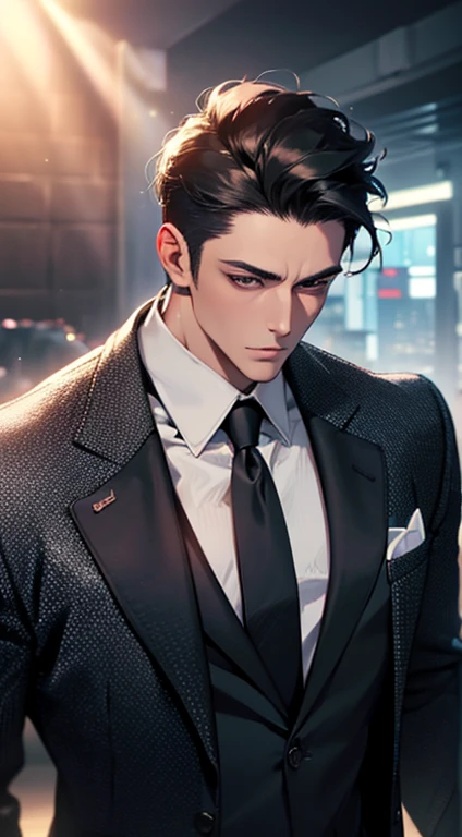 (best quality, masterpiece, 8K, photorealistic, cinematic lighting, 1:4 hdr image, top view, ultra detailed, beautiful image), a mature man, very handsome, short black hair, black eyes, perfect face without errors , ((buttoning his jacket, CEO))