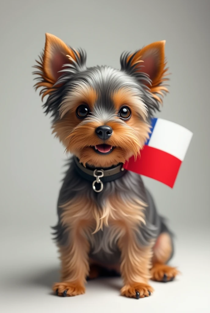 A Yorkshire Terrier with a small Chilean flag
