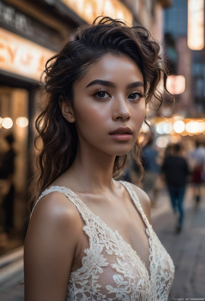 (masterpiece, realistic, best quality, ultra detailed), intricate, professional photography, HDR, High Dynamic Range, (8k UHD), RAW photo, dslr, realistic LUT, cinematic LUT, perfect lighting, professional lighting, cinematic lighting, cinematic shadows, iridescent lighting, Stunning, young, woman, Long hair, Bouffan hair, Afro taper fade, Brown hair, Round eyes, Hazel eyes, Parted lips, Peach lips, Natural makeup, Confident, Fit body, Standing, wearing lace clothes, 