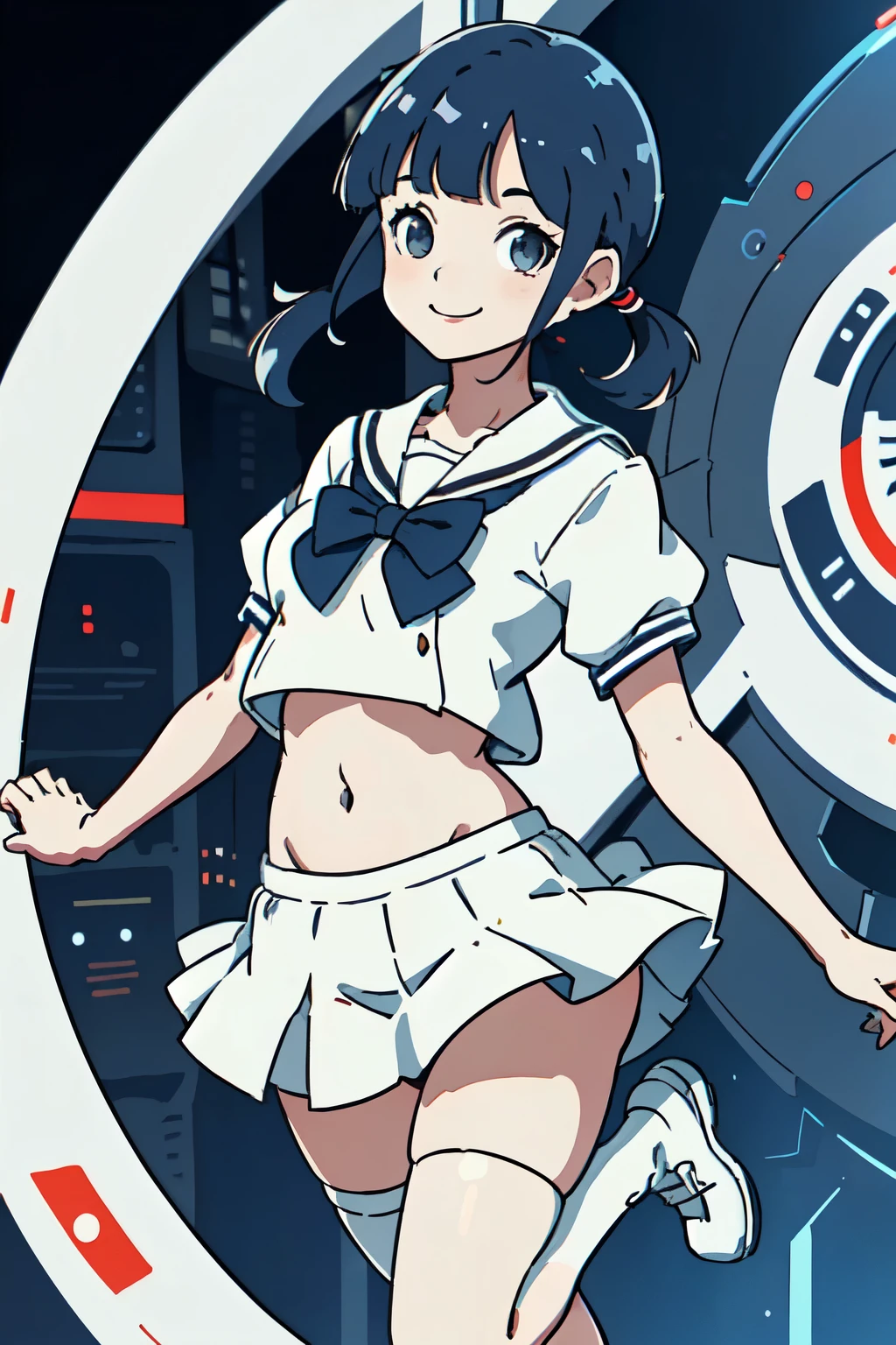 best quality, masterpiece, 1 girl, (standing on one leg:1.2), smile, (low short twintails hair with bangs:1.3), summer sailor uniform without skirt, belly button, white panty, (medium breast:1.1), (metro station:1.2), lively, bustling, cyber