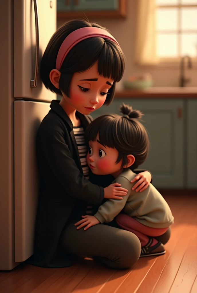 A woman with short black hair and a pink headband with a sad expression on her face sitting on the kitchen floor with her knees bent and leaning against the refrigerator, she is wearing a black coat and a striped blouse, the floor is wooden, There is a girl with black hair hugging the woman, disney pixar style 3d.