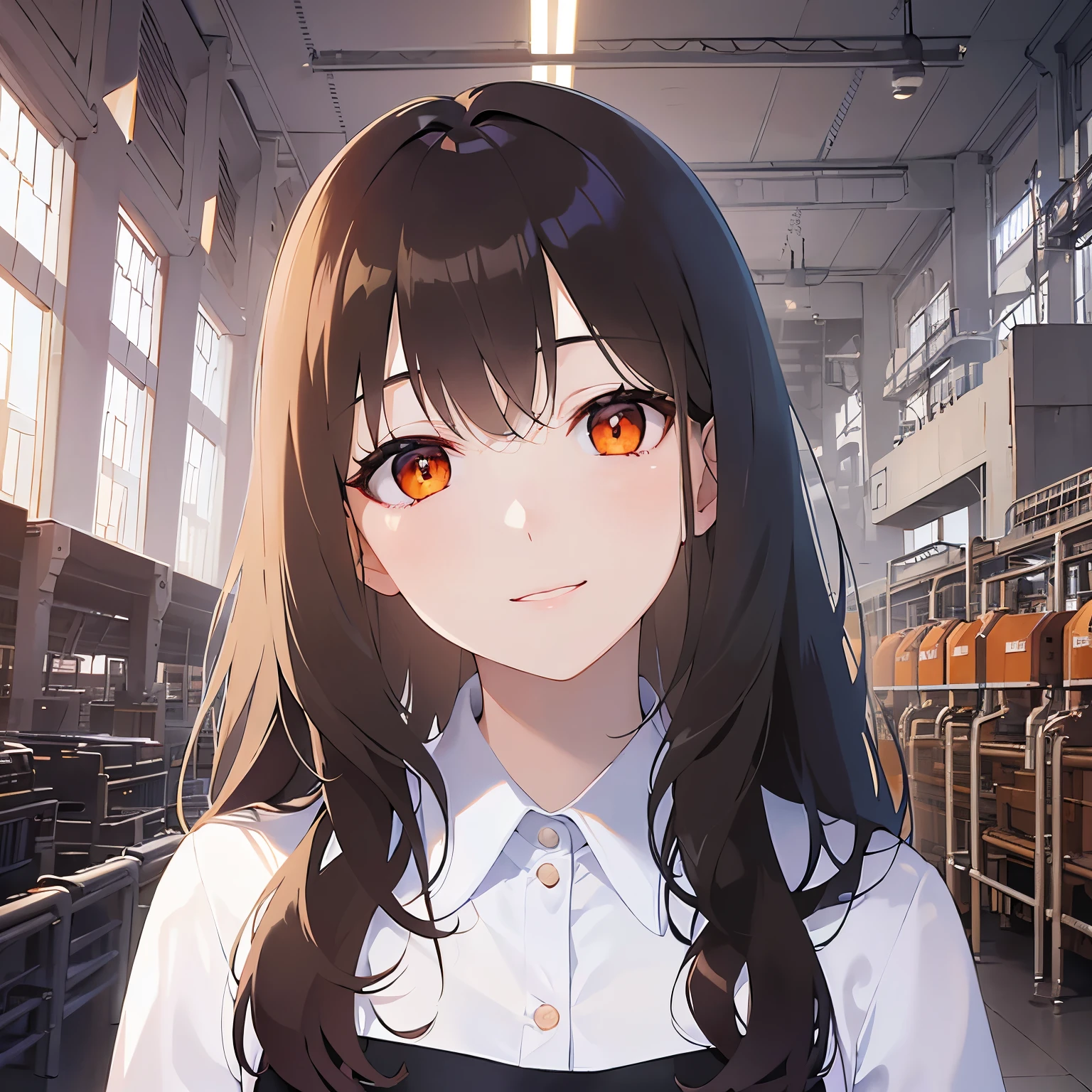 Upper Body, head tilt,
 Realistic, real person, (pale skin: 1.2), RAW photo, photorealistic, shiny skin, shiny hair、
(A 2 woman with medium-length hair and bangs) and (wavy hair) and (brown hair) and (orange eyes) ,
（white collared shirts）、
（smile：1.2）、
The background is a factory with lots of machines.、factory,（alone:1.5）