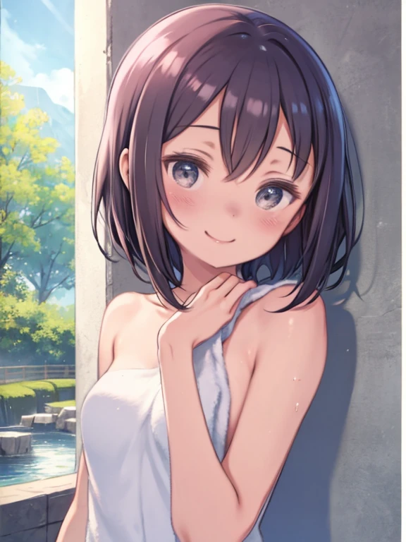 One Woman、(Naked Towel)、Upper Body、Smiling、blush、Wet Hair、Rest area、