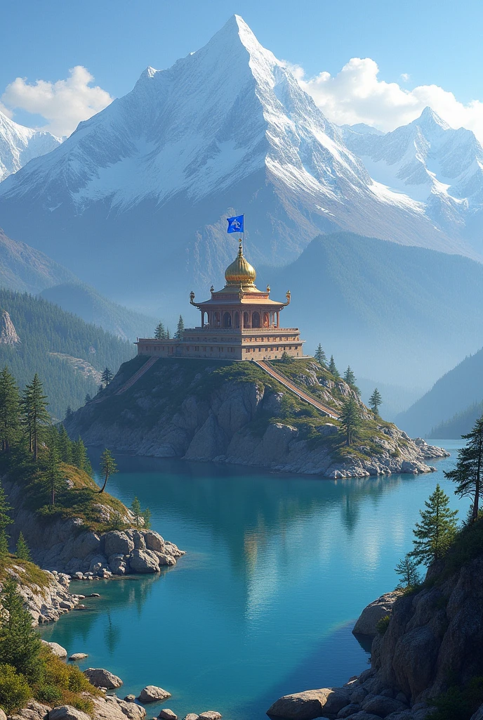 A gurudwara at the peak of mountain had a blue colour Nishan sahib gurdwara had a sarowar.