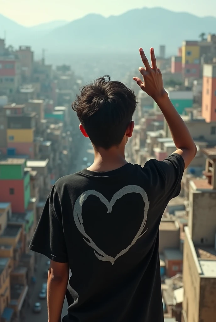 ager from behind looking at the favela with hand making three finger sign wearing black heart clothes