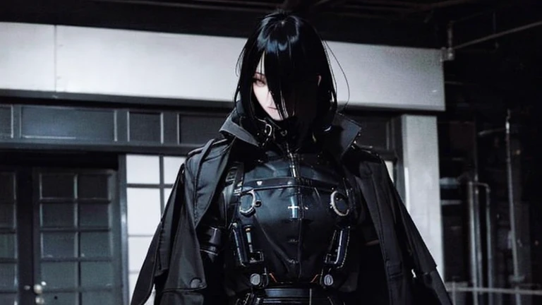 Black Hair、Cold look:1.5、Japanese woman in her 30s、Dark Background、One Cool Lady:1.5、night、whole photo、Dark Eyes、Black gloves、Ominous Machine Lifeform、Nihil、Half of his body is made of machinery、Mechanical Man:1.5、Modern clothing:、Creepy、Scary atmosphere